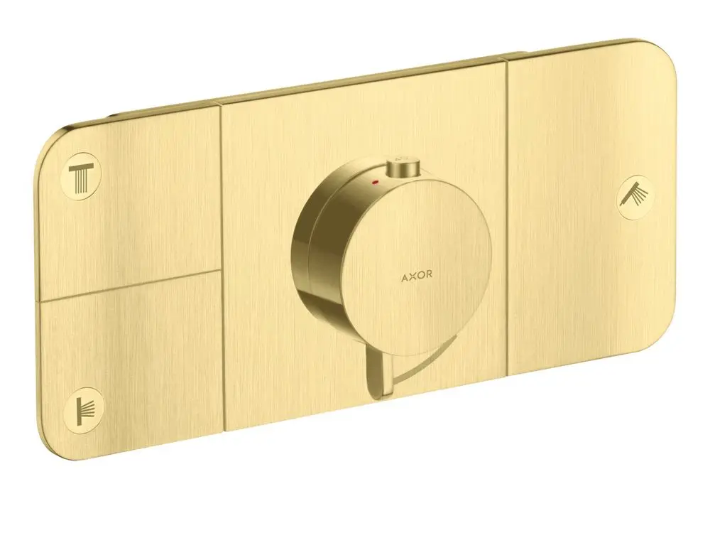 Thermostatmodul mit runder Steuerung und flachem Panel in gebürstetem Messing, ausgestattet für die Ansteuerung von drei Verbrauchern. Marke AXOR sichtbar auf dem Modul.